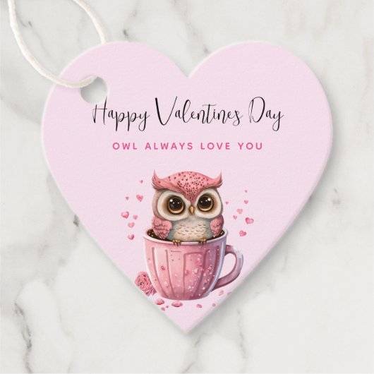 Cute Pink Owl in een Cup Valentijnsdag Bedankjes Labels (Voorkant)