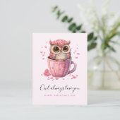 Cute Pink Owl in een Cup Valentijnsdag Briefkaart (Staand voorkant)