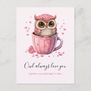 Cute Pink Owl in een Cup Valentijnsdag Briefkaart