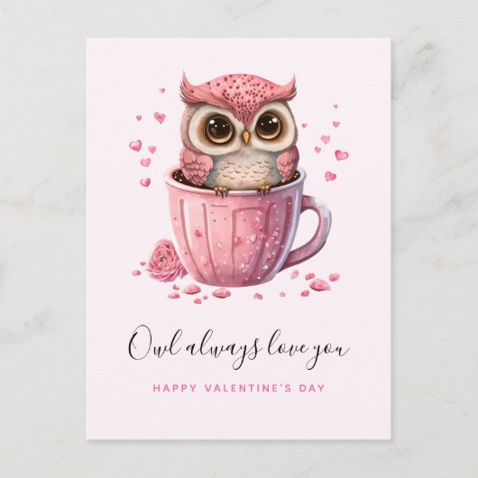 Cute Pink Owl in een Cup Valentijnsdag Briefkaart (Voorkant)
