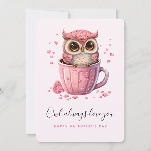 Cute Pink Owl in een Cup Valentijnsdag Feestdagenkaart (Voorkant)