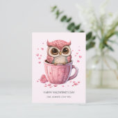 Cute Pink Owl in een Cup Valentijnsdag Feestdagenkaart (Staand voorkant)