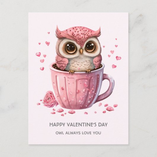 Cute Pink Owl in een Cup Valentijnsdag Feestdagenkaart (Voorkant)