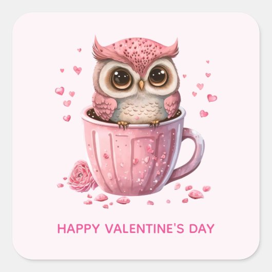 Cute Pink Owl in een Cup Valentijnsdag Vierkante Sticker (Voorkant)