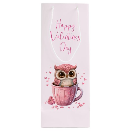 Cute Pink Owl in een Cup Valentijnsdag Wijn Cadeautas (Achterkant)
