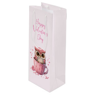 Cute Pink Owl in een Cup Valentijnsdag Wijn Cadeautas