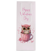Cute Pink Owl in een Cup Valentijnsdag Wijn Cadeautas (Voorkant)