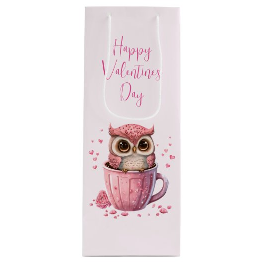 Cute Pink Owl in een Cup Valentijnsdag Wijn Cadeautas (Voorkant)
