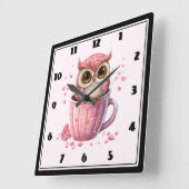 Cute Pink Owl in een Cup Vierkante Klok (Hoek)