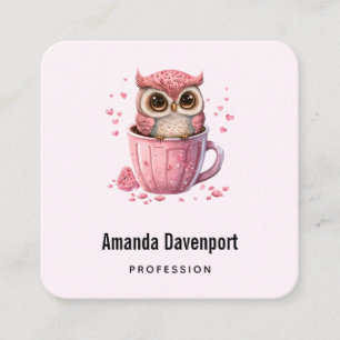 Cute Pink Owl in een Cup Vierkante Visitekaartje