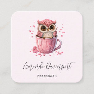 Cute Pink Owl in een Cup Vierkante Visitekaartje
