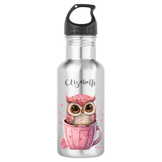 Cute Pink Owl in een Cup Waterfles (Voorkant)