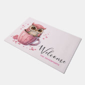 Cute Pink Owl in een Cup Welkom Deurmat (Schuin)