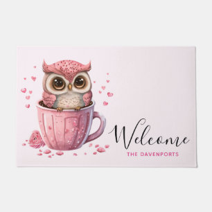 Cute Pink Owl in een Cup Welkom Deurmat