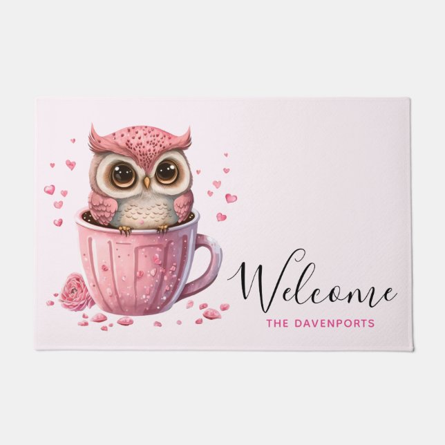 Cute Pink Owl in een Cup Welkom Deurmat (Voorkant)