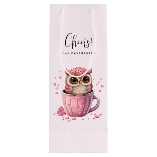Cute Pink Owl in een Cup Wijn Cadeautas (Achterkant)