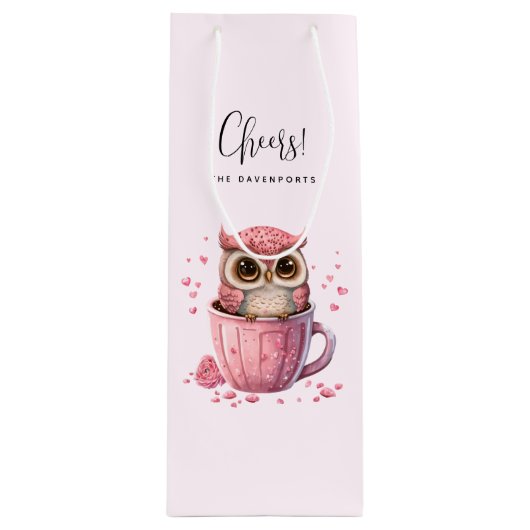 Cute Pink Owl in een Cup Wijn Cadeautas (Voorkant)