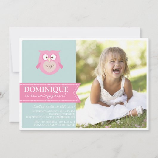 Cute Pink Owl Kinder Foto Birthday Party Invitatio Kaart (Voorkant)