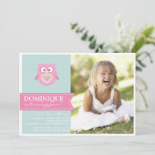 Cute Pink Owl Kinder Foto Birthday Party Invitatio Kaart (Staand voorkant)