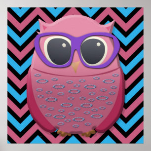 Cute Pink Owl met bril op Chevron Poster