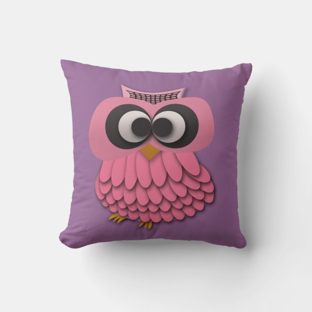 Cute Pink Owl op Paarse Pillow Kussen (Voorkant)