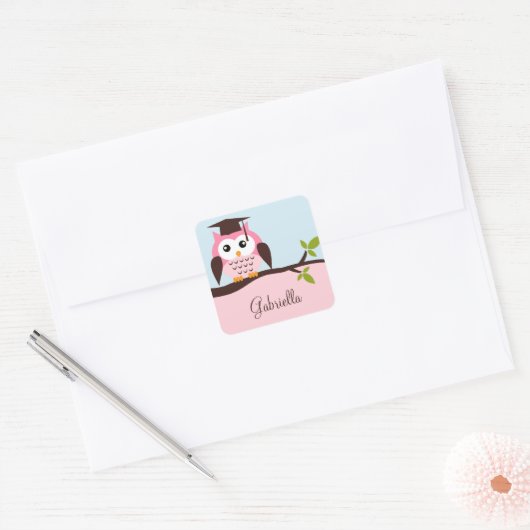 Cute Pink Owl Vierkante Sticker (Envelop)