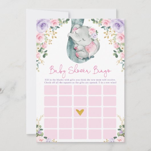 Cute Pink Paars Elephant Bingo Baby shower Game Kaart (Voorkant)