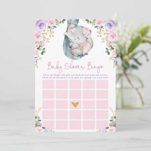 Cute Pink Paars Elephant Bingo Baby shower Game Kaart (Staand voorkant)