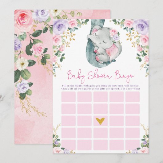 Cute Pink Paars Elephant Bingo Baby shower Game Kaart (Voorkant / Achterkant)