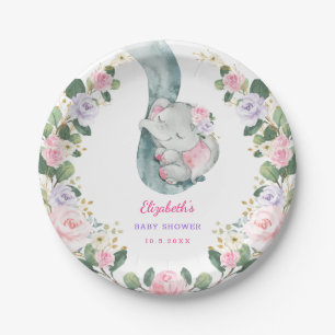 Cute Pink Paars Floral Elephant Girl Baby shower Papieren Bordje