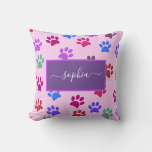 Cute Pink Paarse Dog Cat Lovers Paw Prints Name Kussen