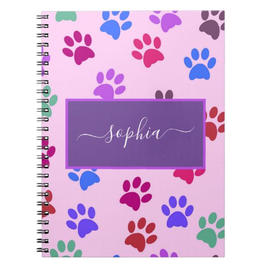 Cute Pink Paarse Dog Cat Lovers Paw Prints Name Notitieboek (Voorkant)
