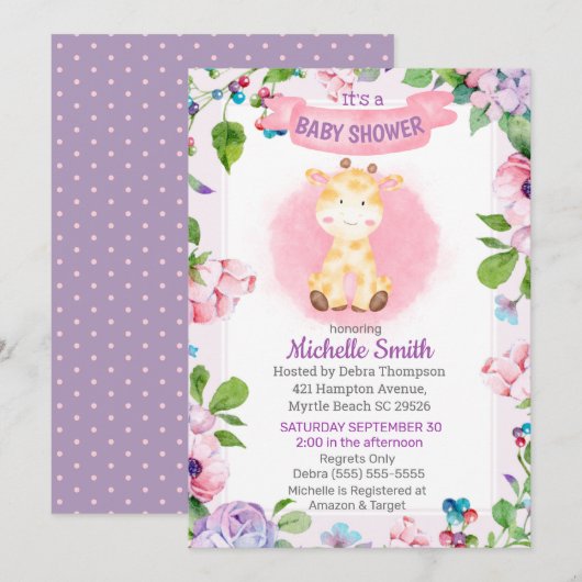 Cute Pink Paarse Giraffe Floral Baby shower Kaart (Voorkant / Achterkant)