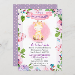 Cute Pink Paarse Giraffe Floral Baby shower Kaart