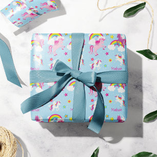 Cute Pink Paarse Unicorns en Rainbows Girls Cadeaupapier