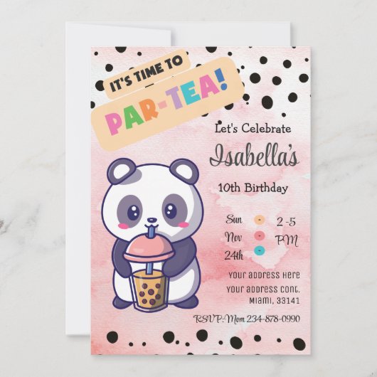 Cute Pink Panda Boba Tea Birthday Uitnodiging (Voorkant)