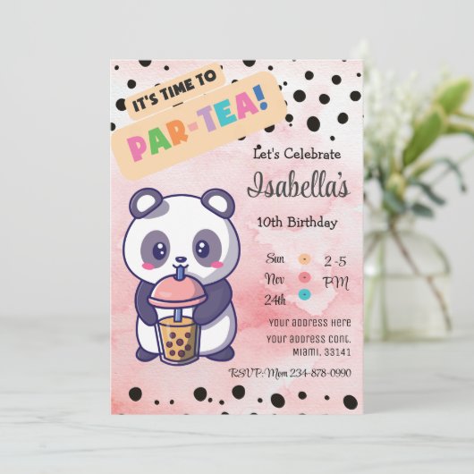 Cute Pink Panda Boba Tea Birthday Uitnodiging (Staand voorkant)