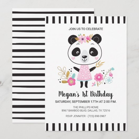 Cute Pink Panda Girls 1ste verjaardag Kaart (Voorkant / Achterkant)