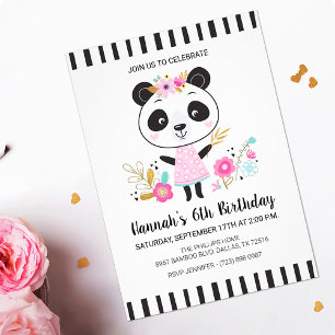 Cute Pink Panda Girls Birthday Party Kaart
