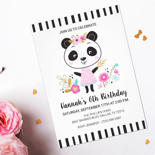 Cute Pink Panda Girls Birthday Party Kaart