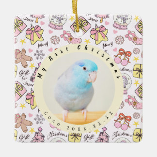 Cute Pink Pastel Christmas Pattern Photo Custom Keramisch Ornament