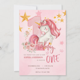 Cute Pink Pastel Unicorn 1st Birthday Invitation Kaart