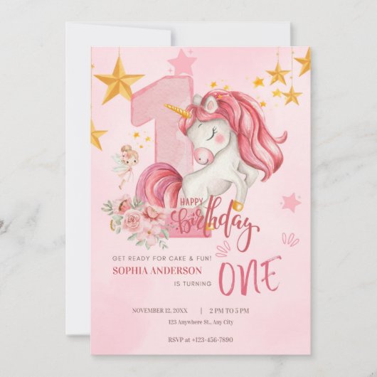 Cute Pink Pastel Unicorn 1st Birthday Invitation Kaart (Voorkant)