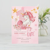 Cute Pink Pastel Unicorn 1st Birthday Invitation Kaart (Staand voorkant)