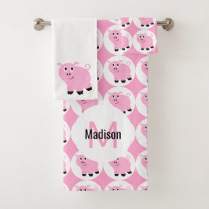 Cute Pink Pattern Kinder Monogrammed Animal Bad Handdoek