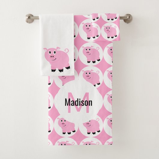 Cute Pink Pattern Kinder Monogrammed Animal Bad Handdoek (Insitu)