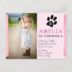 Cute Pink Paw Foto Birthday Party Invitation Uitnodiging Briefkaart