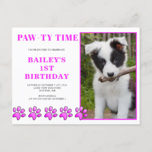 Cute Pink Pawty Time Dog Birthday Uitnodiging