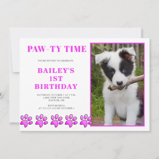 Cute Pink Pawty Time Dog Birthday Uitnodiging (Voorkant)