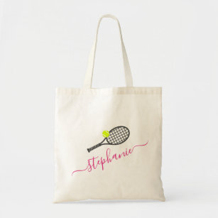 Cute Pink Personalized Tennis Racket Monogram Tote Bag